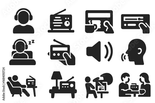 Radio Listening Icons. Solid style icons of radio listener habits: listening with headphones, kitchen radio icon, morning coffee