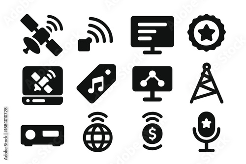 Satellite Radio Icons. Solid style icons of satellite and digital radio: satellite in orbit, digital signal icon, channel list on