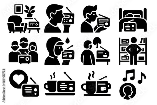 Radio Lifestyle Icons. Solid style icons of radio culture and lifestyle: cozy radio nook, nostalgic listener icon, bedtime with