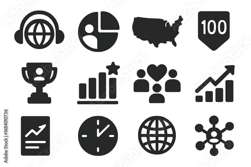Podcast Audience Icons. Solid style icons of podcast audience and reach: global headphones icon, listener demographic chart,