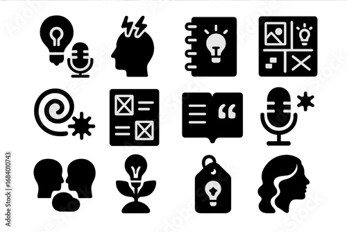 Podcast Creativity Icons. Solid style icons of podcast inspiration and creativity: lightbulb and mic, brainstorm session icon,