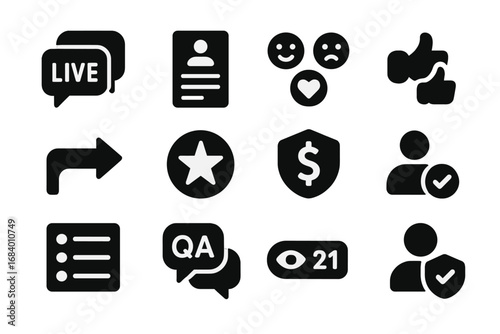 Stream Engagement Icons. Solid style icons of user engagement in streams: live chat bubbles, comment scroll, emoji reactions,