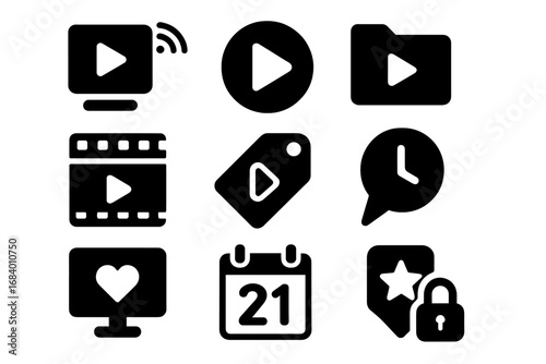Streaming Icons Collection. Solid style icons of streaming archives and history: recorded stream icon, replay video badge, past