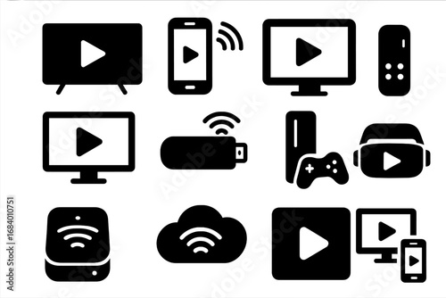 Streaming Devices Icons. Solid style icons of streaming devices and platforms: smart TV with play icon, mobile phone streaming,