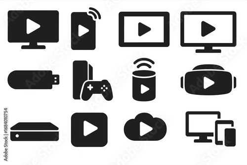 Streaming Devices Icons. Solid style icons of streaming devices and platforms: smart TV with play icon, mobile phone streaming,