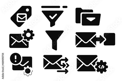 Email Automation Icons. Solid style icons of email filters and automation: auto-label tag, spam detection filter, folder rule icon