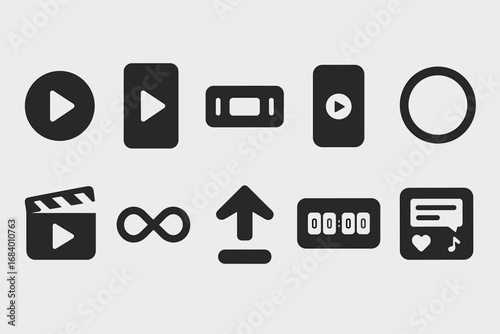 Social Media Icons. Solid style icons of social media stories and reels: play button on circle, short video frame, story timeline,