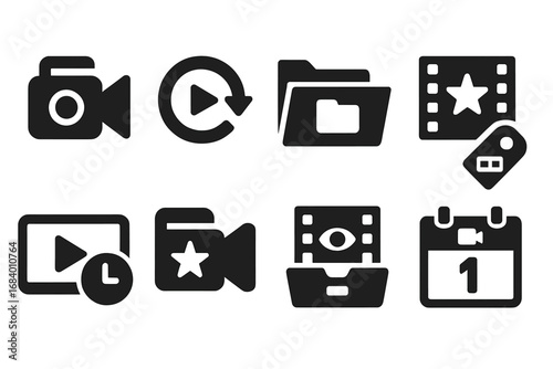 Streaming Icons Collection. Solid style icons of streaming archives and history: recorded stream icon, replay video badge, past