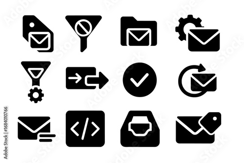 Email Automation Icons. Solid style icons of email filters and automation: auto-label tag, spam detection filter, folder rule icon