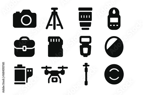 Photography Gear Icons. Solid style icons of photography gear: DSLR camera, tripod, camera lens, light meter, camera bag, SD card,