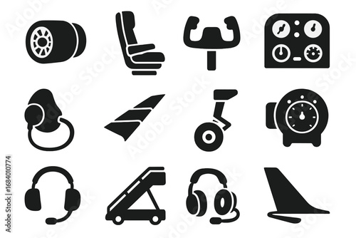 Aviation Equipment Icons. Solid style icons of aviation equipment: jet engine, airplane seat, control yoke, cockpit panel, oxygen