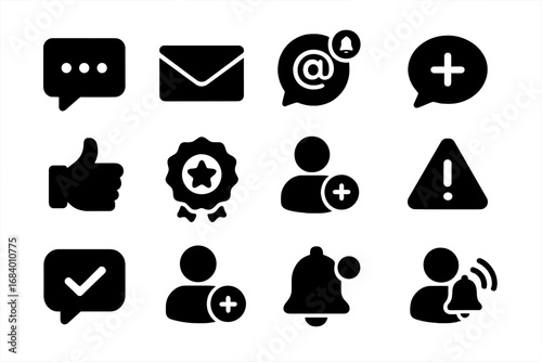Forum Notification Icons. Solid style icons of forum notifications: new reply, private message, mention alert, thread subscription