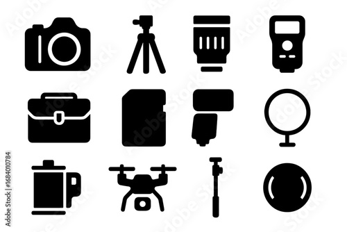 Photography Gear Icons. Solid style icons of photography gear: DSLR camera, tripod, camera lens, light meter, camera bag, SD card,