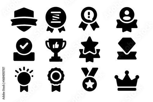 Forum Awards Icons. Solid style icons of forum banners and awards: banner badge, thread of the month, best answer ribbon, user of
