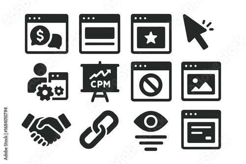 Forum Advertising Icons. Solid style icons of forum advertising tools: sponsored thread, ad banner, promoted post, click tracker,