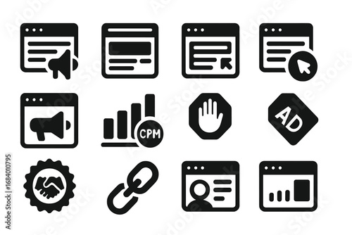 Forum Advertising Icons. Solid style icons of forum advertising tools: sponsored thread, ad banner, promoted post, click tracker,