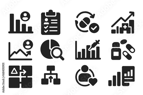 Healthcare Statistics Icons. Solid style icons of healthcare statistics: patient count chart, symptom tracker, treatment success