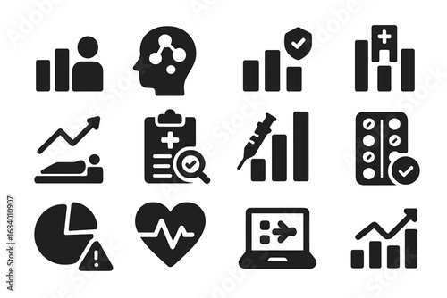 Healthcare Statistics Icons. Solid style icons of healthcare statistics: patient count chart, symptom tracker, treatment success