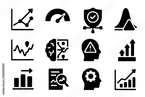 Predictive Analytics Icons. Solid style icons of predictive analytics: future trend graph, forecast meter, predictive score icon,