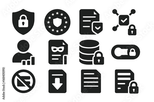 Data Privacy Icons. Solid style icons of data privacy: shield with lock, GDPR icon, consent form, encryption symbol, anonymous