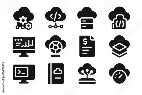 Cloud Service Icons. Solid style icons of cloud services: SaaS icon, PaaS icon, IaaS icon, cloud API, service dashboard, managed