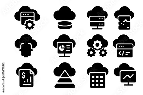 Cloud Service Icons. Solid style icons of cloud services: SaaS icon, PaaS icon, IaaS icon, cloud API, service dashboard, managed