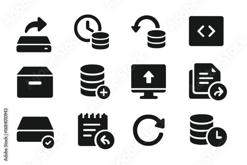Backup Storage Icons. Solid style icons of backup storage: backup icon, scheduled backup, restore from backup, data snapshot,