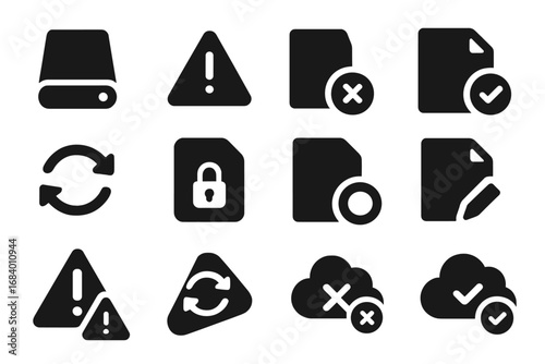 Storage Status Icons. Solid style icons of storage status indicators: full drive icon, warning icon, error in storage, healthy