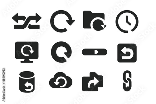 Backup and Restore Icons. Solid style icons of backup and restore: two-way arrows, restore point icon, file recovery icon, time
