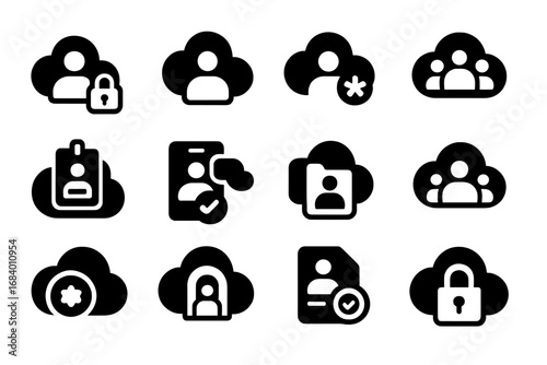 Cloud Identity Icons. Solid style icons of cloud identity and access: user access icon, identity provider, single sign-on,