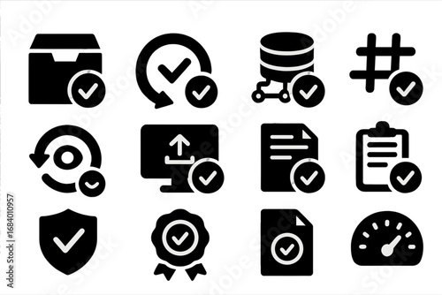 Backup Verification Icons. Solid style icons of backup verification: checkmark on archive, verified restore icon, data integrity