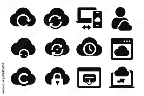 Cloud Backup Icons. Solid style icons of cloud-based backup apps: app icon with cloud, sync arrow badge, mobile desktop sync,