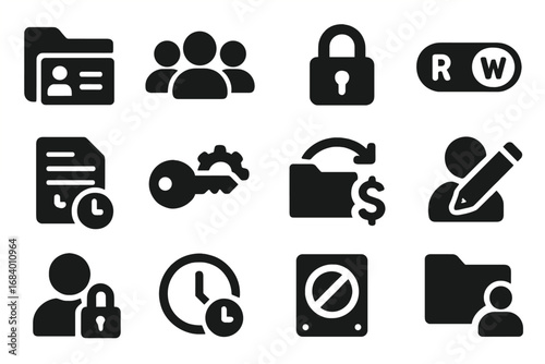 Data Access Icons. Solid style icons of storage access control: folder with user badge, group access icon, permission lock,