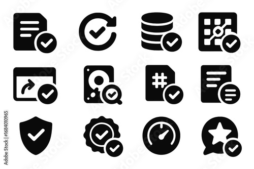 Backup Verification Icons. Solid style icons of backup verification: checkmark on archive, verified restore icon, data integrity