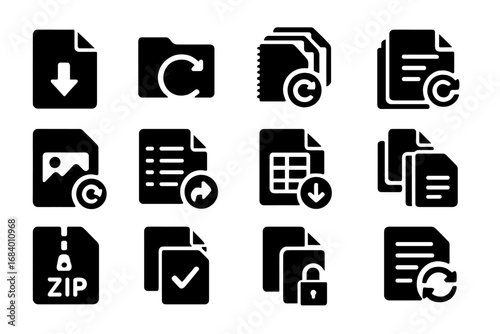 File Backup Icons. Solid style icons of file-based backup: document with arrow, folder backup icon, file version stack, text file