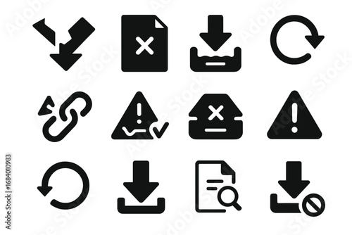 Failed Download Icons. Solid style icons of expired or failed downloads: broken arrow icon, file with X, corrupted download icon,