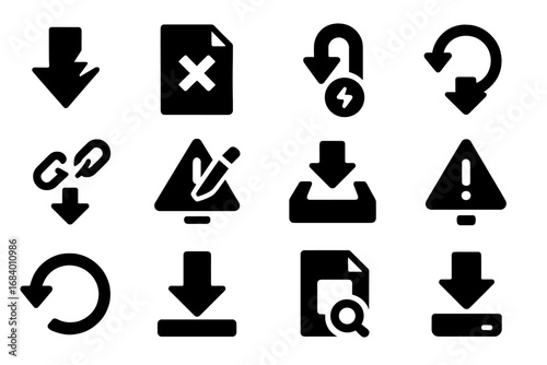 Failed Download Icons. Solid style icons of expired or failed downloads: broken arrow icon, file with X, corrupted download icon,