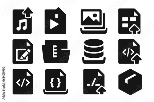 Solid Style File Icons. Solid style icons of file type uploads: audio file arrow up, video file upload, image gallery tray,