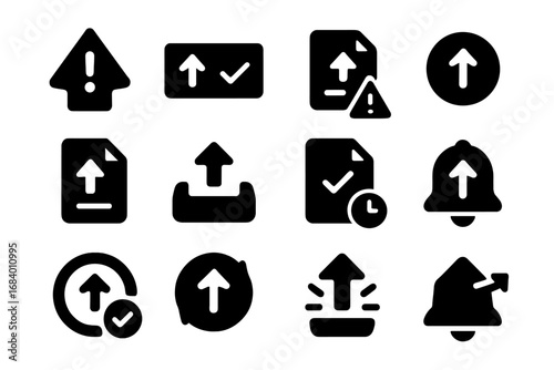 Upload Notification Icons. Solid style icons of upload notifications: upload alert icon, success toast, failed upload warning,