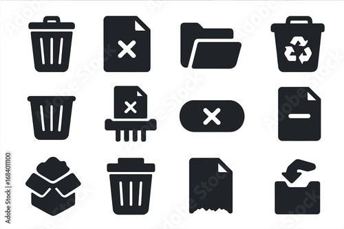 File Deletion Icons. Solid style icons of file deletion: trash bin, file with X, delete folder, recycle bin, empty trash, file