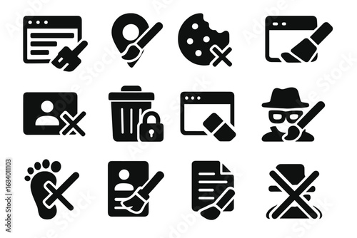 Privacy Icon Collection. Solid style icons of privacy removal: erase history, delete tracking data, remove cookies, clear session,