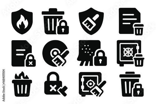 Secure Deletion Icons. Solid style icons of security deletion tools: data wipe shield, secure delete icon, military grade erase,