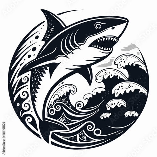 Shark emblem combined with wave patterns