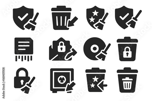 Secure Deletion Icons. Solid style icons of security deletion tools: data wipe shield, secure delete icon, military grade erase,