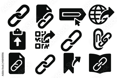 Link Sharing Icons. Solid style icons of link sharing: URL icon, copy link button, shortlink icon, browser share, clipboard with