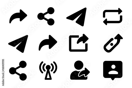 Solid Social Icons. Solid style icons of social sharing: share arrow, network nodes, send icon, repost symbol, paper plane,