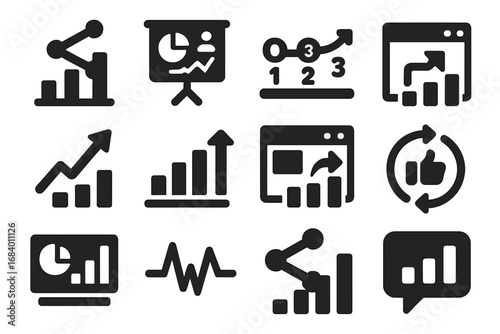 Share Analytics Icons. Solid style icons of share analytics: shared stats icon, engagement chart, share count symbol, repost data