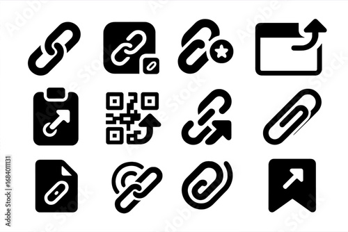 Link Sharing Icons. Solid style icons of link sharing: URL icon, copy link button, shortlink icon, browser share, clipboard with