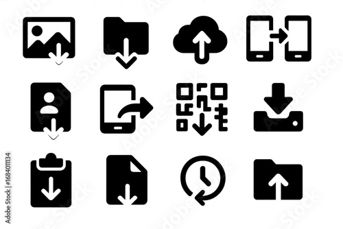 App Import Icons. Solid style icons of app-based import actions: import from gallery, import from files, import from cloud drive,