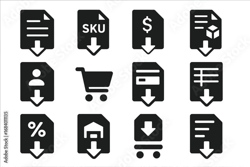 E-Commerce Icon Set. Solid style icons of e-commerce import: product list file, SKU upload icon, price sheet import, inventory